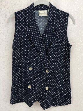 Copper Key Vintage Floral Rayon Sleeveless Blouse Blue with Front Buttons Size S